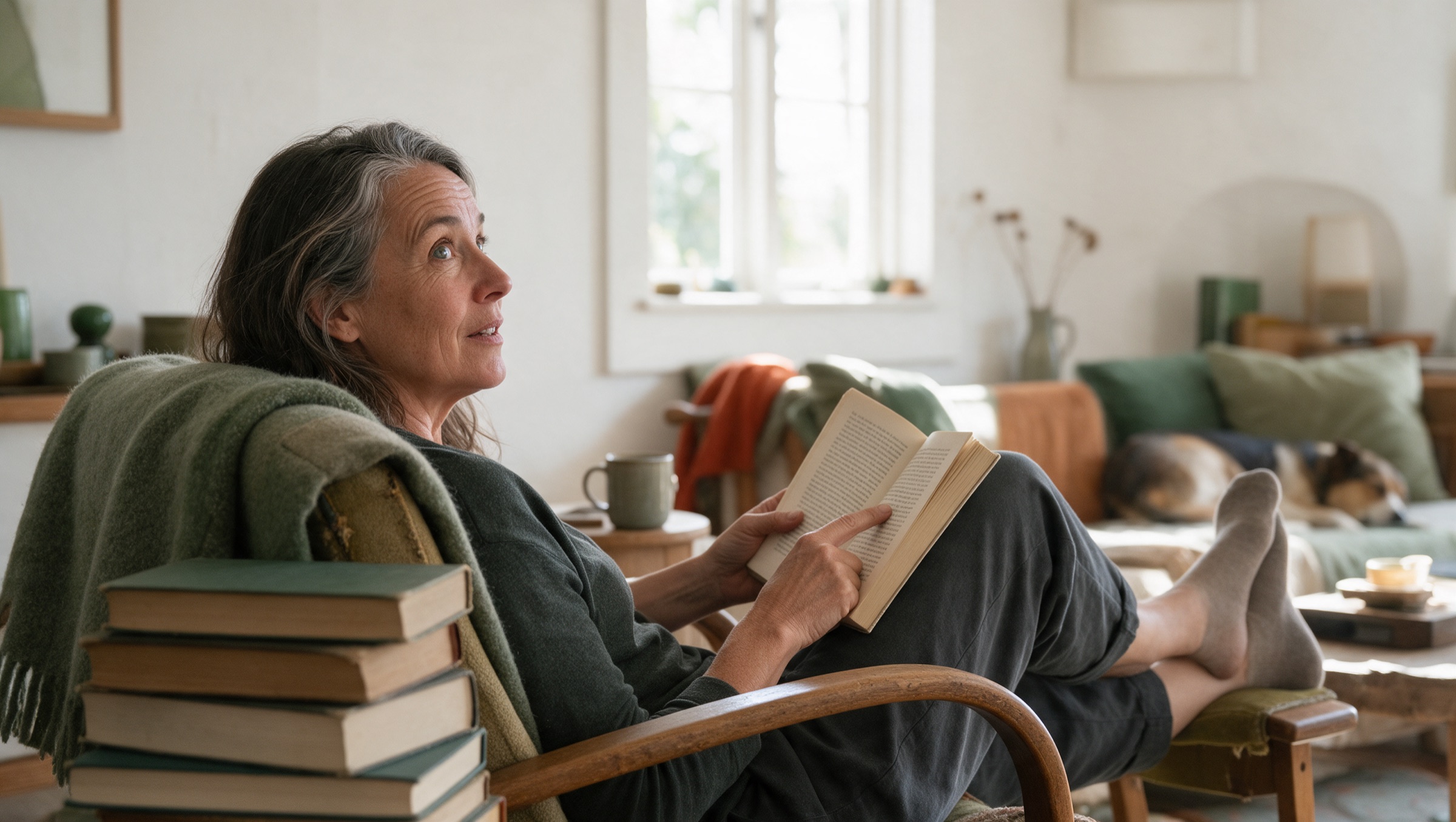 Frau um die fünfundfünfzig liest im Sessel, neben ihr ein Stapel gelesener Bücher, der Hund schläft im Hintergrund