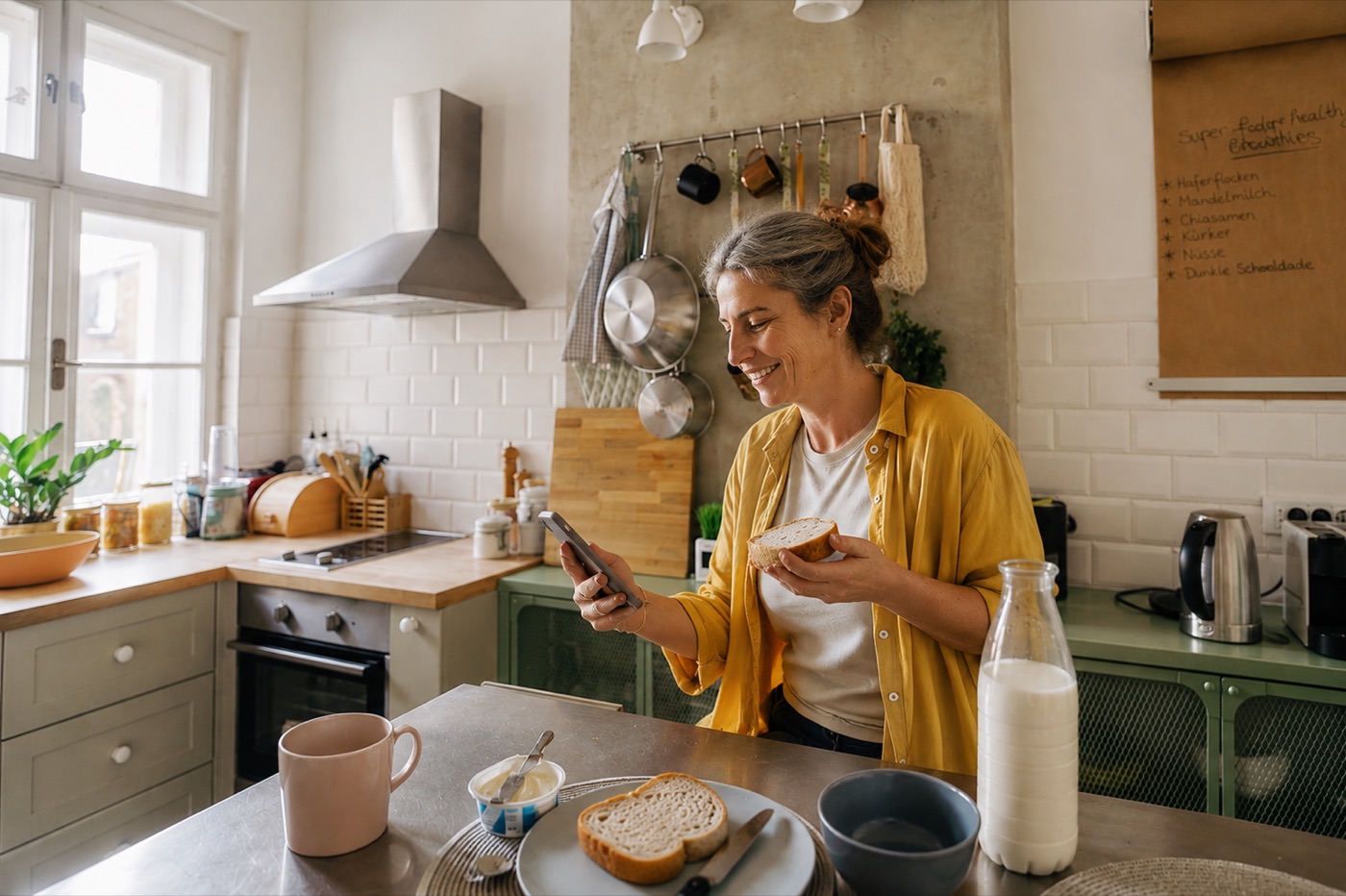 Woman looking at her smartphone during breakfast in the kitchen