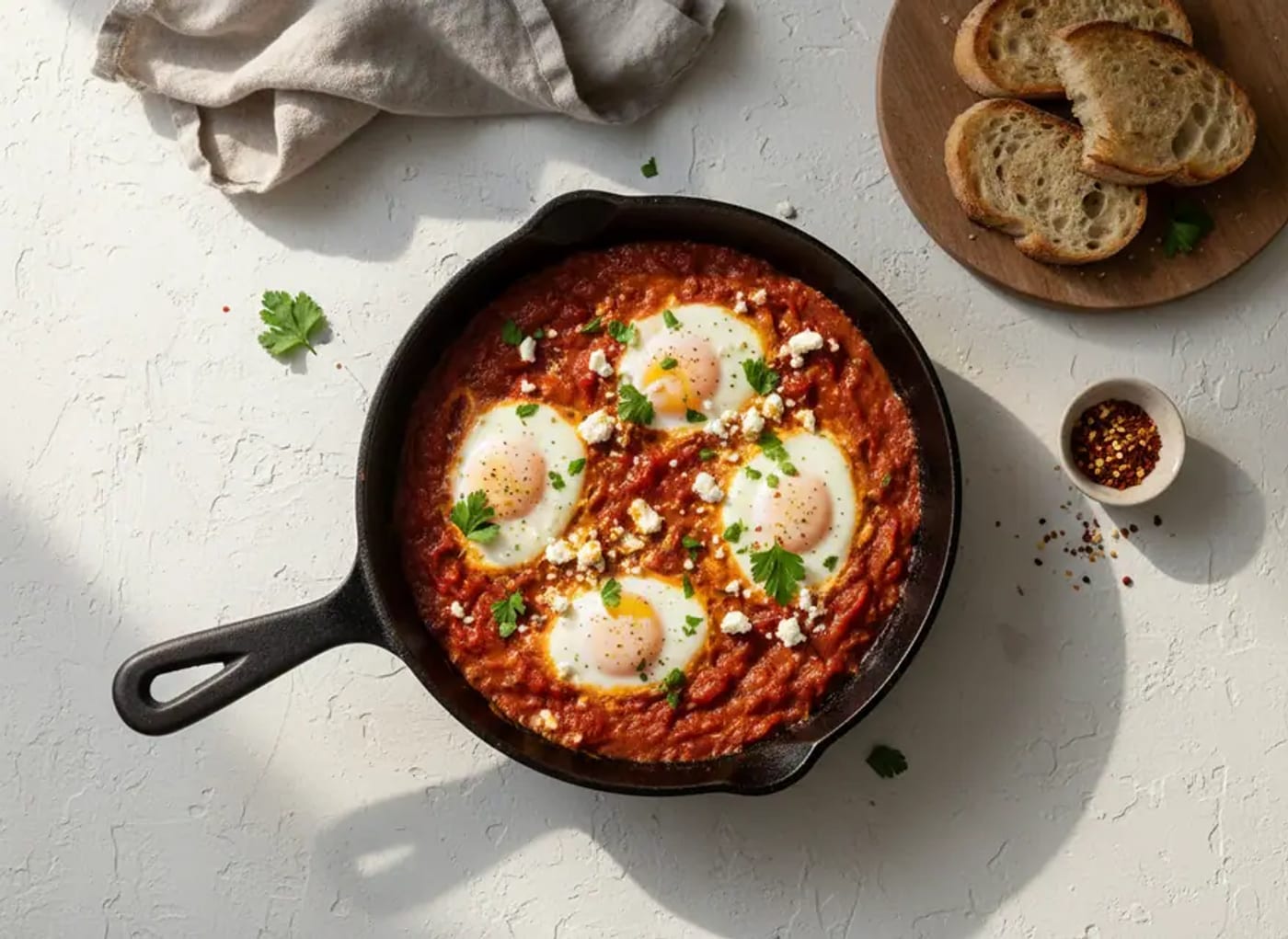 Shakshuka mit Eiern in der Gusseisenpfanne, daneben Brot