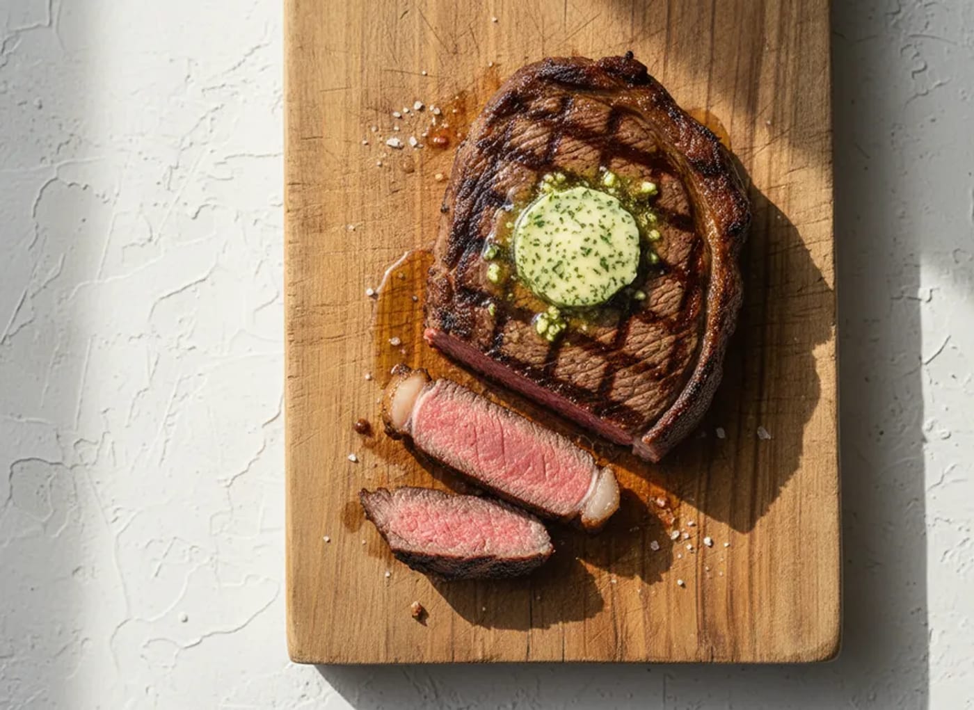 Gegrilltes Steak mit Kräuterbutter auf einem Holzbrett, in Scheiben geschnitten