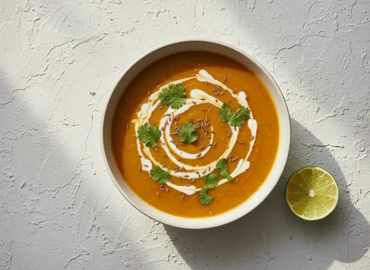 Linsen-Kokos-Suppe in einer weissen Schale, daneben eine halbe Limette