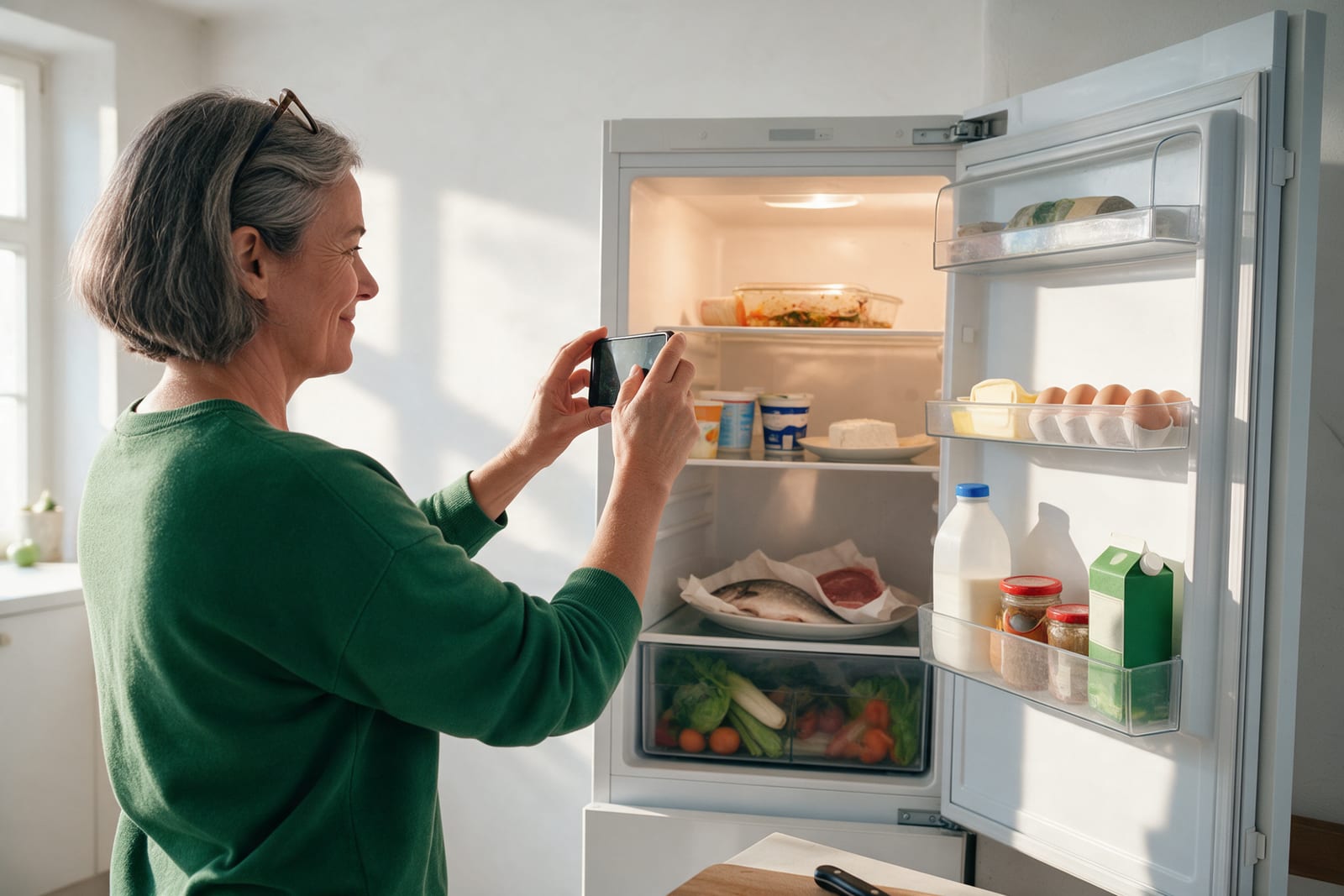 Eine Frau fotografiert mit dem Handy in ihren geöffneten Kühlschrank