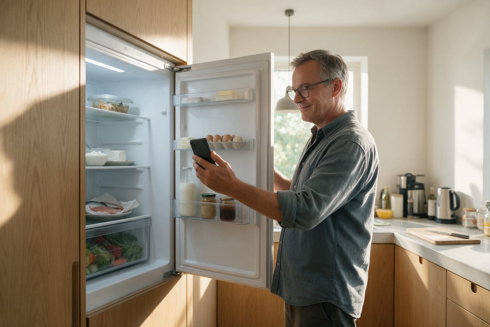 Ein Mann fotografiert mit dem Handy in seinen geöffneten Kühlschrank, daneben liegen Brett und Messer bereit