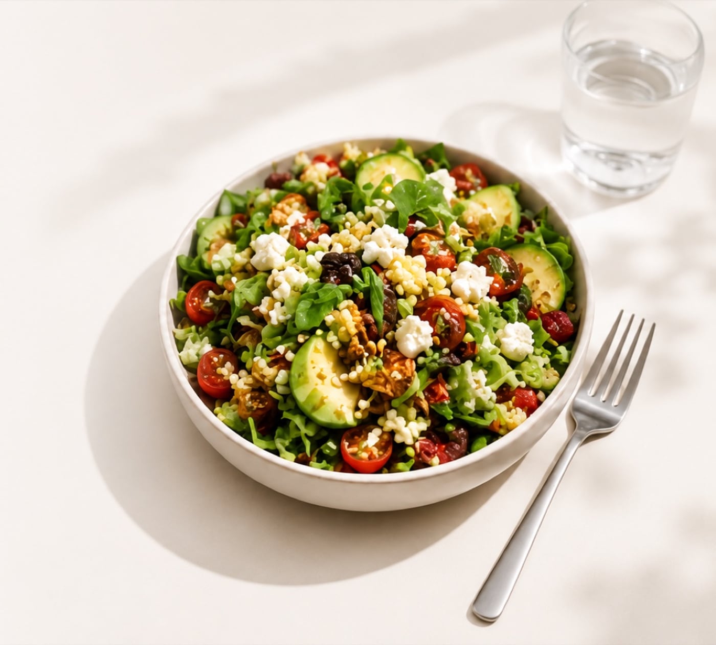 Salatschüssel mit Avocado, Tomaten und Feta auf hellem Tisch