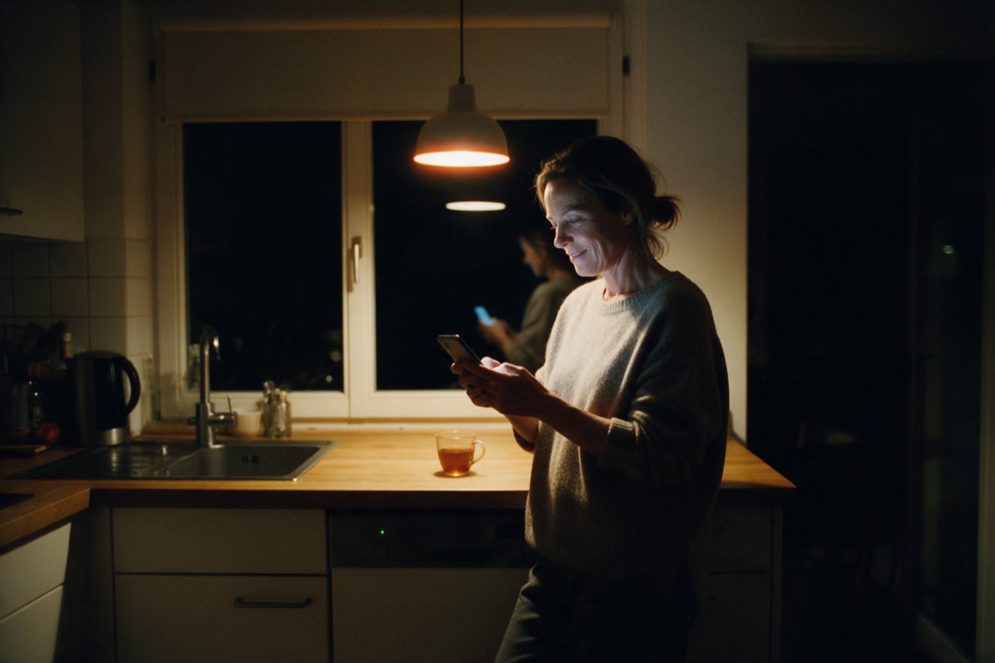 Eine Frau liest abends in der Küche etwas auf ihrem Handy
