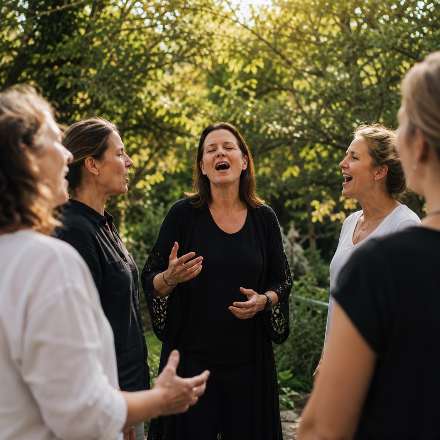 Gruppe von Frauen singt gemeinsam im Garten
