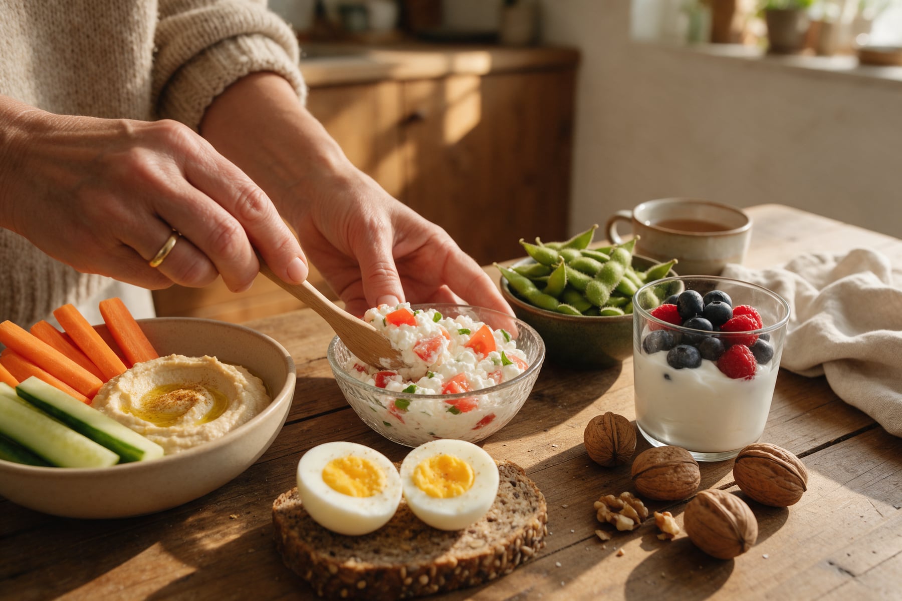 Eiweißreiche Snacks auf dem Küchentisch: Hüttenkäse mit Tomaten, Hummus mit Gemüse, Ei auf Vollkornbrot, Edamame, Skyr mit Beeren und Walnüsse
