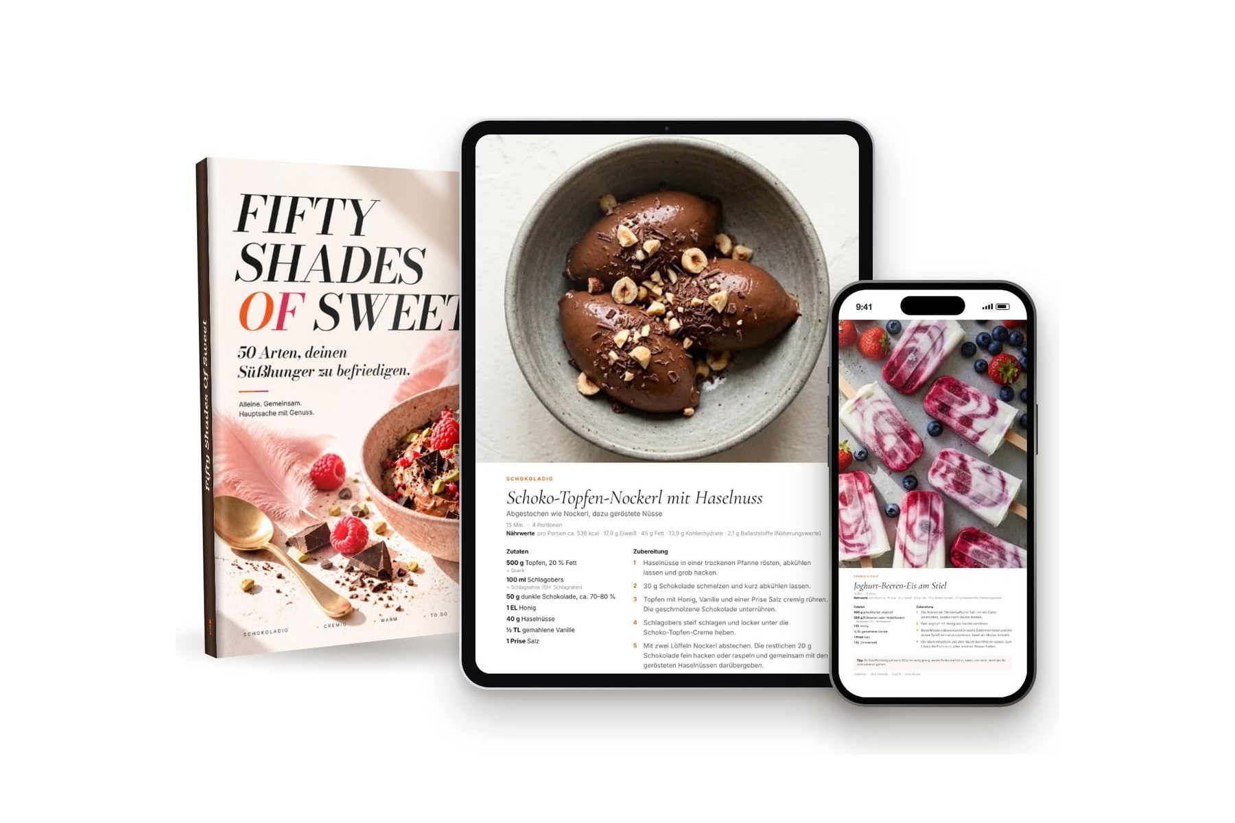 Rezeptheft „Fifty Shades Of Sweet“ als Buch, auf dem Tablet und am Handy, davor Dr. Gerhilt Kusatz