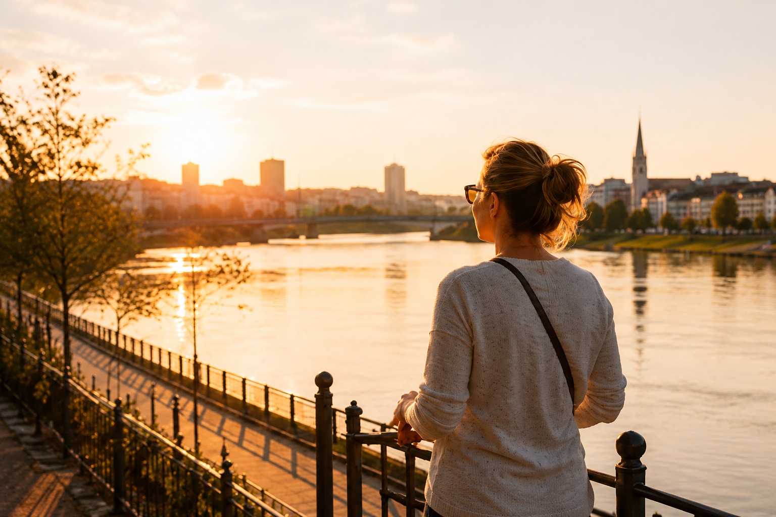 Frau ab 40 steht bei Sonnenuntergang an der Donau-Promenade in Linz und blickt aufs Wasser