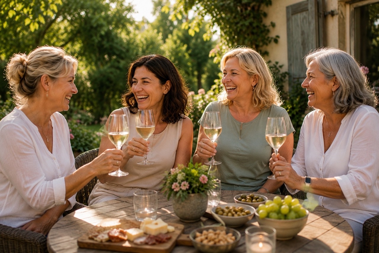 Frauen ab 50 in der Menopause sitzen gemeinsam bei einem Glas Prosecco