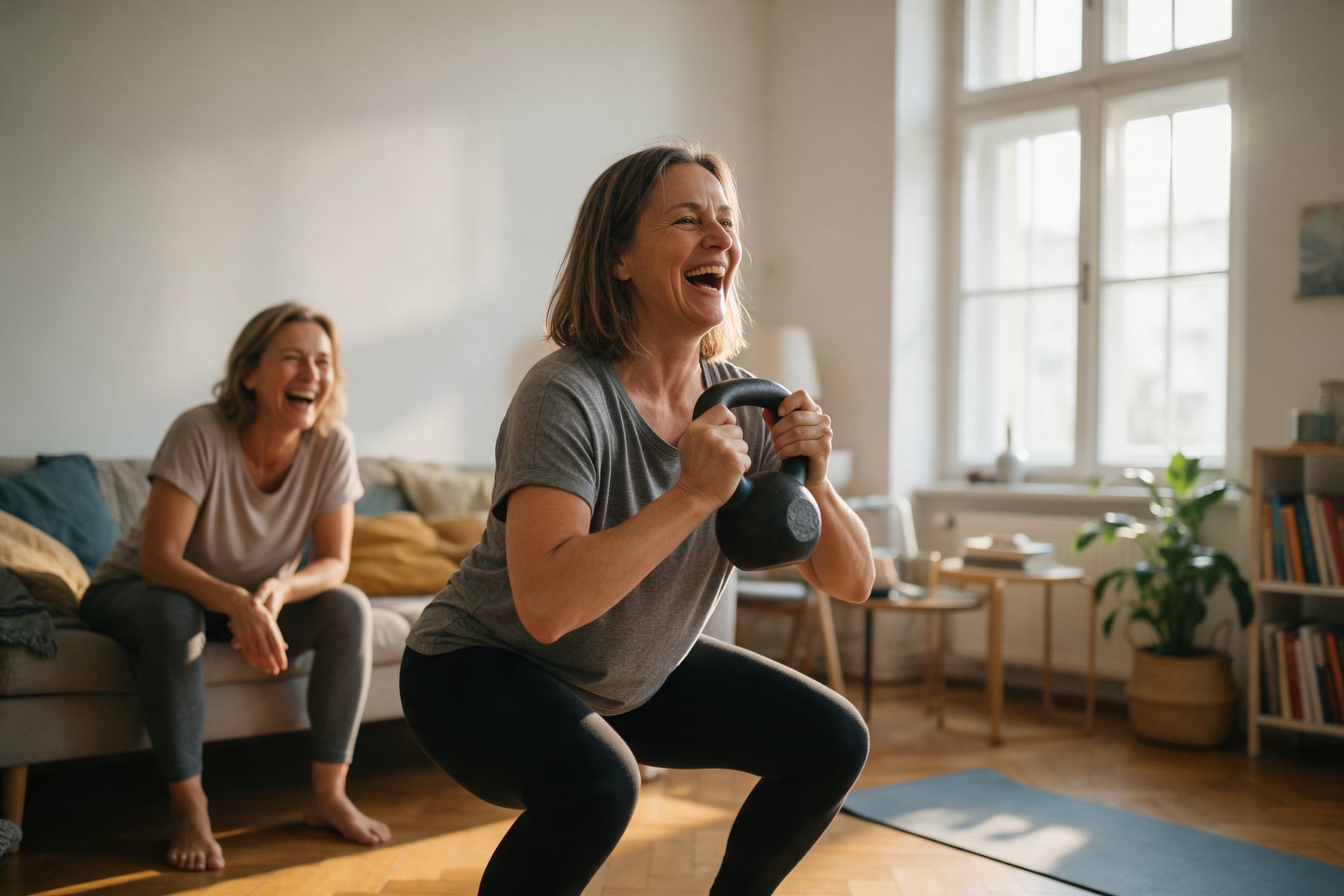 Frau um die 50 macht im Wohnzimmer Kniebeugen mit einer Kettlebell und lacht mit ihrer Freundin auf dem Sofa