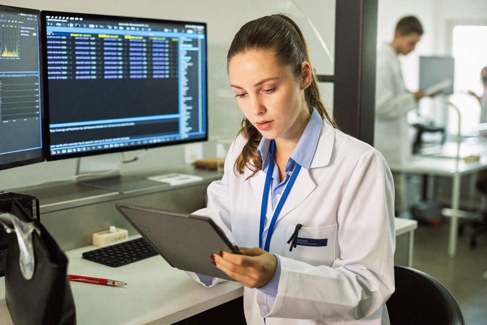 Woman focused on looking at data on a tablet in a bright office